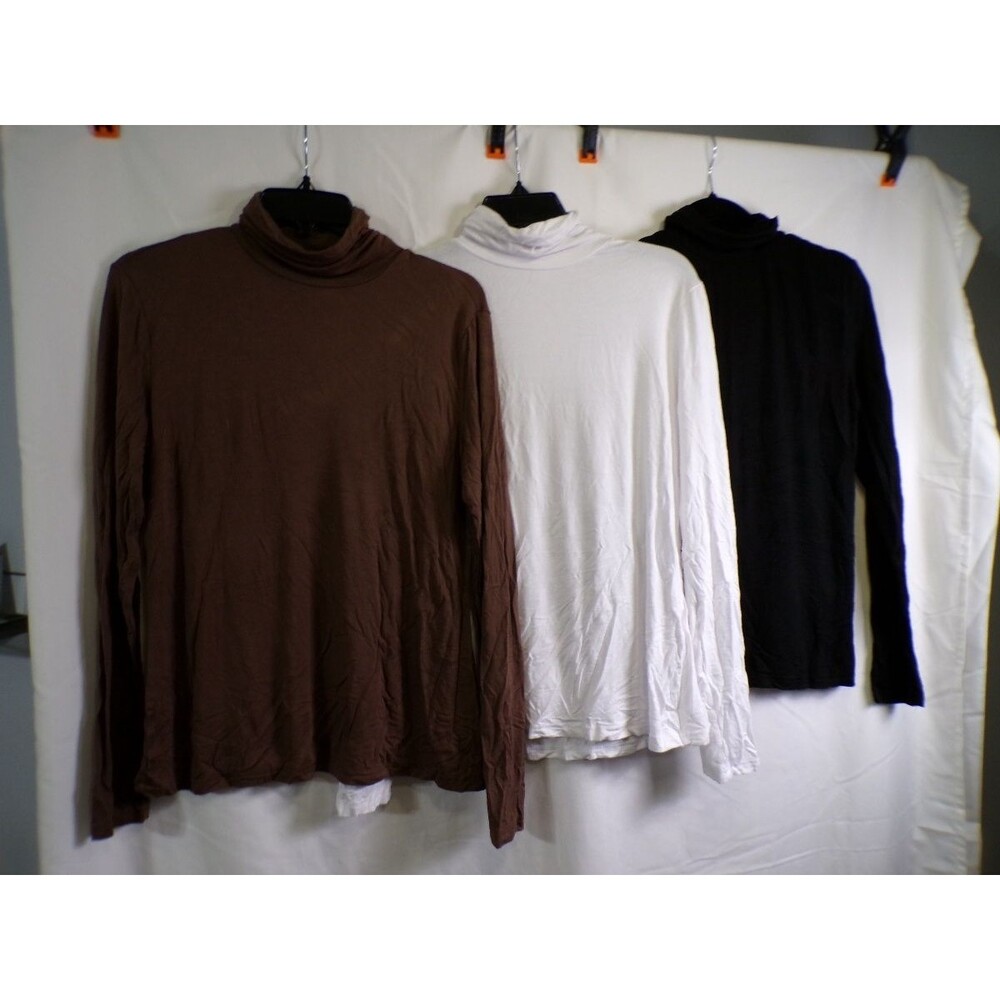 Lot of 3 Women's L Turtleneck Long Sleeve Tops Brown White Black